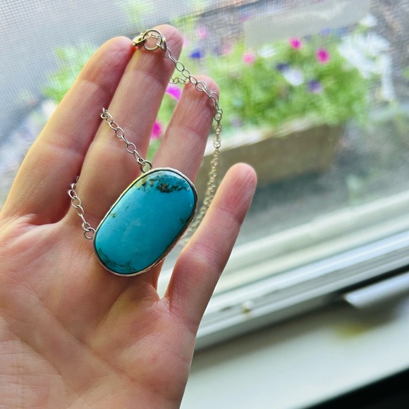 Large natural Kingman Turquoise pendant stone necklace in sterling silver wchain - Picture 8 of 15